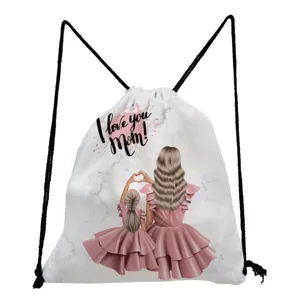 Canvas drawstring backpack with cute mother and daughter print, casual travel storage bag.