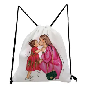Mom and daughter printed drawstring backpack, casual travel storage bag for daily use.