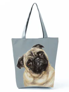 Cute pug print canvas tote bag, versatile casual shoulder handbag for women daily use.