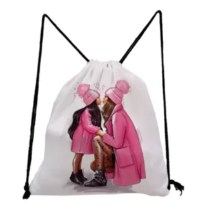 Cute mother daughter print drawstring backpack, casual travel storage bag for daily use.