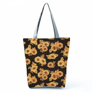 Detailansicht der Sonnenblumen-Leinentasche mit stilvollem Herbst-Blumenmuster-Design.
