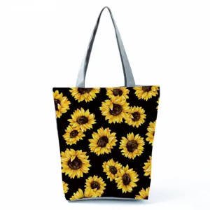 Sonnenblumen Print Canvas Tragetasche mit grauen Griffen fuer Alltag, Detailansicht.