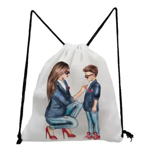 Stylish watercolor mother and son print drawstring backpack for casual travel and daily use.