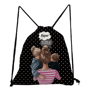 Detailed view of the black polka dot drawstring bag featuring cute mother and kids print.