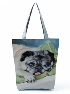 Canvas tote bag featuring a cute oil painting pug dog print, casual shoulder handbag.