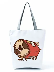 Cute pug print canvas tote bag, casual daily shoulder handbag for women and fashion girls.