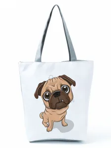 Cute pug print canvas tote bag casual shoulder bag for women daily shopping handbag.