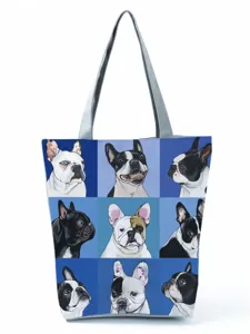 Detail shot of cute French bulldog print canvas tote bag, versatile casual shoulder handbag.