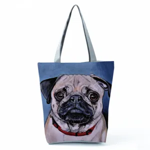 Cute pug print women tote bag casual canvas shoulder bag daily portable handbag main view