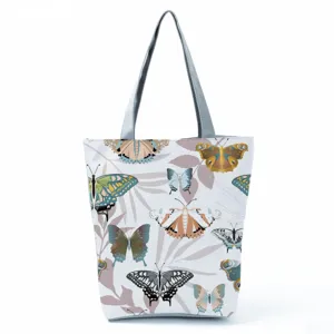 Large capacity casual canvas tote bag featuring a stylish butterfly and leaf print design.