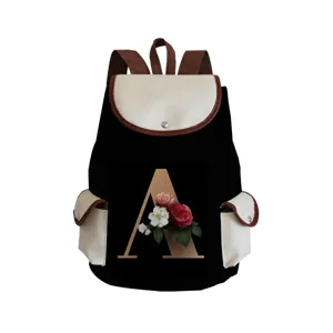 Fashion Letter Print Canvas Backpack Lightweight Travel School Bag Casual Color Blocking Drawstring Flap Backpack For Women Men