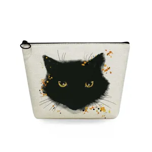 Borsa cosmetica in tela con stampa gatto nero, custodia per trucco per viaggio e uso quotidiano.