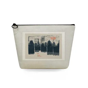 Canvas travel makeup pouch with forest and fox print, portable zipper cosmetic storage bag.