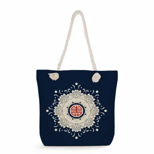 Vintage Blue and White Porcelain Floral Printed Linen Tote Bag Large Capacity Casual Shoulder Bag with Rope Handles