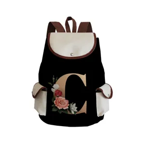 Floral letter C print canvas backpack casual daily school bookbag black and beige design