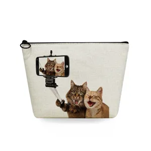 Borsa per cosmetici carina con stampa selfie di gatto, astuccio per trucco in lino.