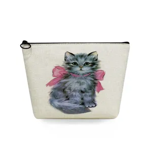 Borsa per cosmetici in tela con stampa di gatto carino, astuccio per trucco da viaggio.