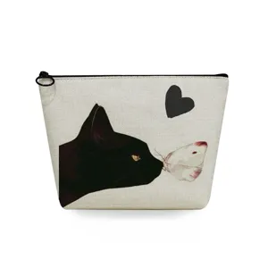 Borsa cosmetica in tela con elegante stampa di gatto nero e farfalla, ideale viaggio.