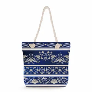 Blue and white porcelain pattern canvas tote bag with thick rope handles for daily use.