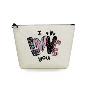 Canvas cosmetic bag detail, letter print pattern, portable zipper pouch for travel use.