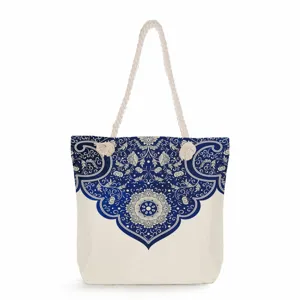 Blue and white porcelain canvas tote bag with thick rope handles, large capacity shoulder bag.