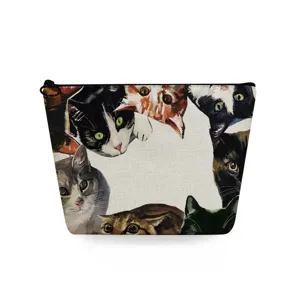 Graziosa borsa per cosmetici con stampa di gatti e chiusura lampo, custodia per trucco.