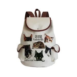 Cute watercolor cat print canvas backpack with brown trim, stylish casual school bag.