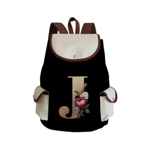 Stylish canvas backpack with floral letter J print, casual lightweight rucksack for men women