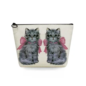 Simpatica borsa trucco gatto grigio, marsupio cosmetico vintage gattino per viaggio.