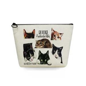 Borsa cosmetica in tela con simpatici motivi di gatti ad acquerello, custodia da viaggio compatta.