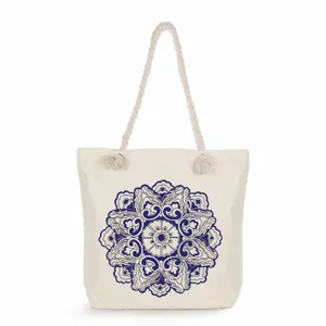 Large capacity canvas tote bag with blue floral print and rope handles for daily use.
