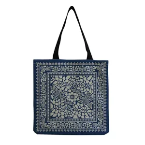 Blue floral print canvas tote bag, stylish womens casual shoulder handbag for daily shopping use.