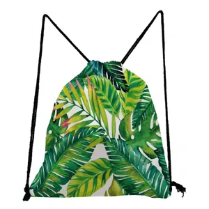 Tropical green leaves print drawstring backpack, lightweight storage bag for travel and daily use.