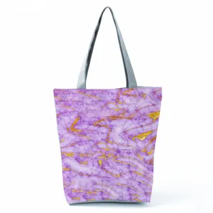 Purple gold marble pattern tote bag, casual daily shoulder handbag, lightweight large capacity.