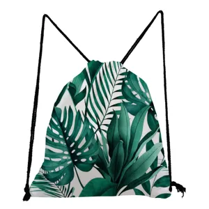 Tropical green leaf print drawstring backpack, casual canvas pocket bag for daily use.