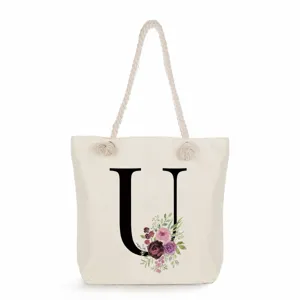 Große Canvas Tragetasche mit Buchstabe U und Blumenmuster lässige Strand Schultertasche