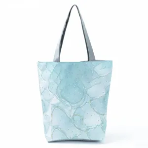 Blue marble pattern tote bag, casual large capacity shoulder bag with grey handles for daily use.
