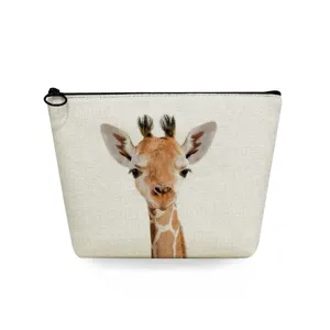 Portable Animal Print Linen Toiletry Bag Travel Small Cosmetic Makeup Pouch Zipper Storage Organizer Case For Women