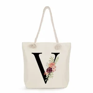 Canvas Tragetasche mit Blumen-Buchstabe V Druck, Freizeit Schultertasche fuer Alltag und Strand.