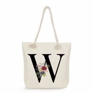 Segeltuch Tragetasche mit Buchstabe W und Blumenprint, große Strand Schultertasche.