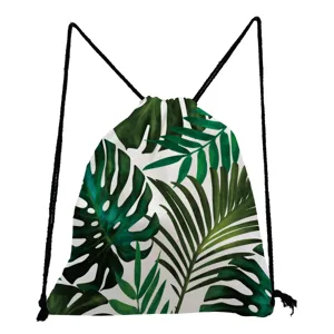 Tropical green leaf print drawstring backpack, stylish casual sport cinch bag for travel.