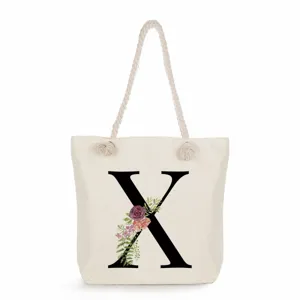 Leinwand Tragetasche Damen Schulter Strandtasche mit Blumen Buchstabe X Druck Alltag