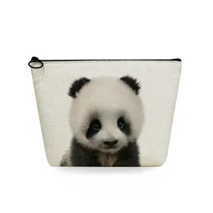 Close-up detail of a cute baby panda print canvas cosmetic pouch with black zipper.