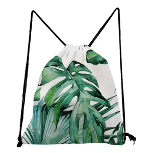 Tropical monstera leaf print drawstring backpack, stylish green botanical design casual daypack.