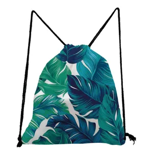 Tropical leaf print drawstring backpack, lightweight storage bag for daily use details.