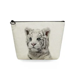 Cute white tiger makeup bag, portable travel cosmetic pouch and toiletry storage organizer.