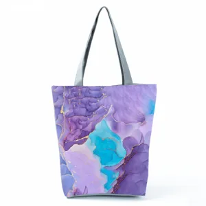 Abstract print tote bag with grey handles, lightweight large capacity shoulder bag for women daily use.