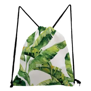 Tropical banana leaf print drawstring backpack, casual waterproof fabric, lightweight gym bag.