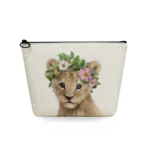 Close-up detail of the portable cosmetic bag featuring a cute lion cub and flower crown.