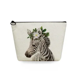 Cute zebra floral print canvas cosmetic bag with black zipper, perfect for daily travel storage.